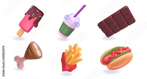 Fast food set. Volumetric ice cream and sweet chocolate, chicken thigh and french fries, soda in glass and hot dog in plastic realistic style. 3d vector collection isolated on white background