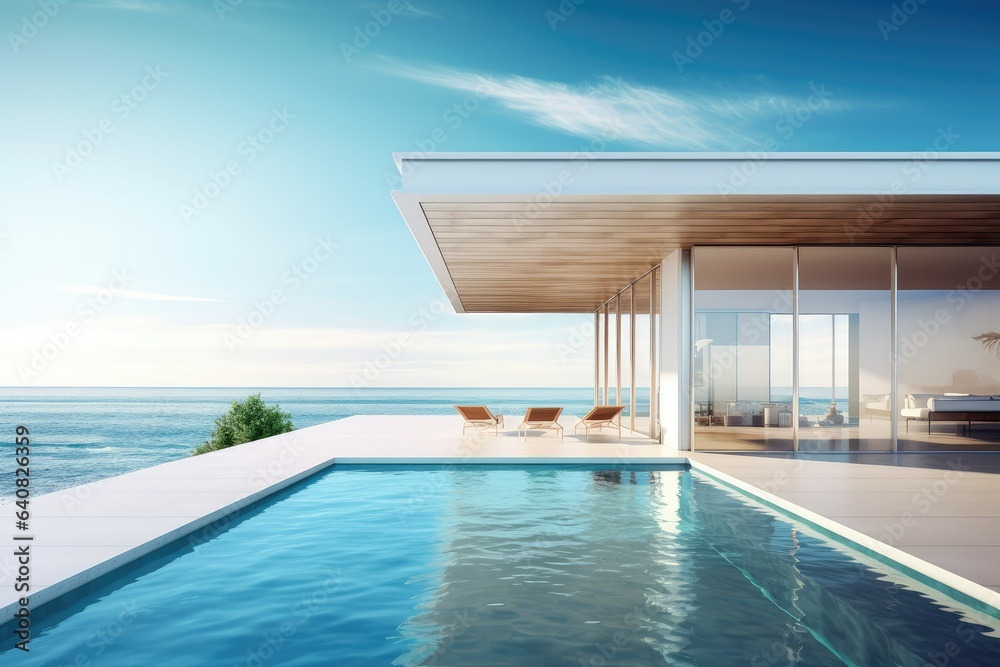 Sea view. Modern architecture with swimming pool and blue water