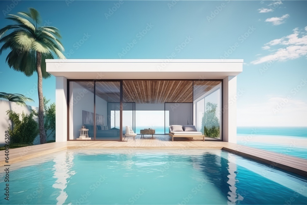 Sea view. Modern architecture with swimming pool and blue water