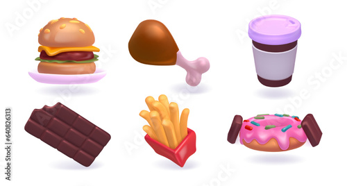 Fast food set. Colorful plasticine realistic badges with french fries and hamburger, coffee and chocolate, chicken and donut. Street food and drinks. 3d vector collection isolated on white background