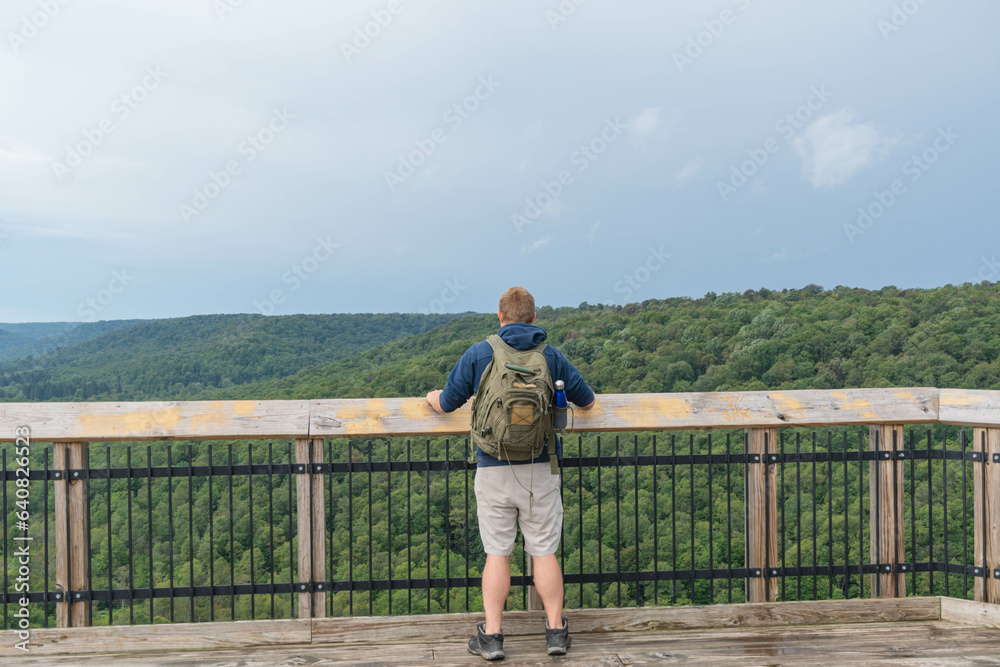Kinzua state forest bridge Pennsylvania, visitor hiker viewing the landscape state forest, copy space, adventure, overcast day, autumn season weather. Kinzua state forest bridge Pennsylvania, visitor hiker viewing the landscape state forest, copy space, adventure, overcast day, autumn season weather.