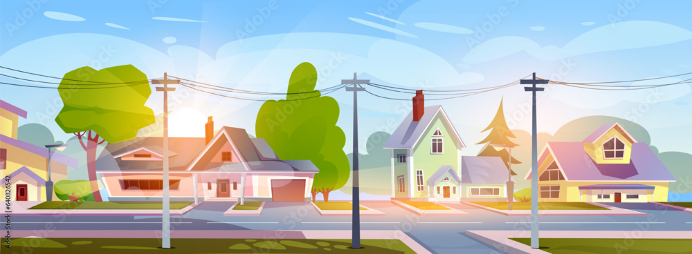 City landscape banner. Horizontal poster with early morning suburb or town, houses and buildings, road and street lamps. Panorama of deserted areas with cottages. Cartoon flat vector illustration