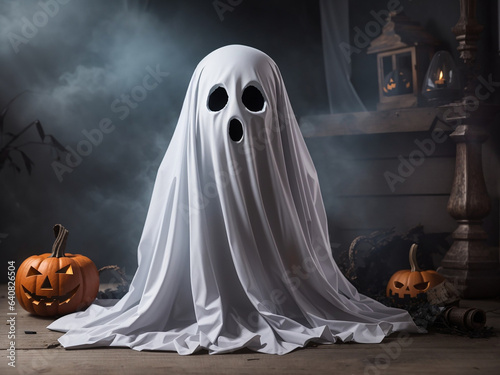 Halloween Ghost with Carved Pumpkin