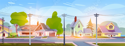 City landscape banner. Horizontal poster with early morning suburb or town, houses and buildings, road and street lamps. Panorama of deserted areas with cottages. Cartoon flat vector illustration
