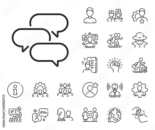 Speech bubble sign. Specialist, doctor and job competition outline icons. Talk bubble line icon. Chat message symbol. Talk bubble line sign. Avatar placeholder, spy headshot icon. Vector