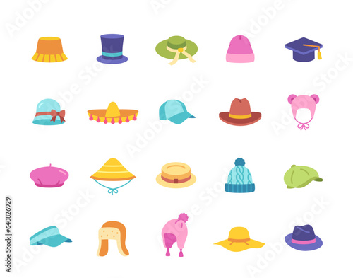 Doodle hats and caps icons set. Colorful stickers with headdress and headgear, summer visor, gentleman bowler and beret, vintage fedora and beanie. Cartoon flat vector isolated on white background