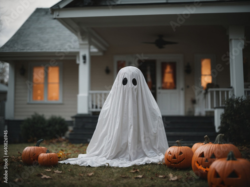 Realistic Ghost in yard with Carved Pumpkin