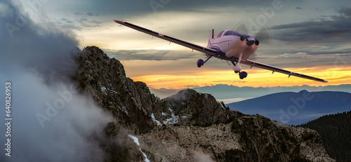 Fototapeta Naklejka Na Ścianę i Meble -  Small Airplane flying in the Mountains. Canadian Landscape Nature Background.