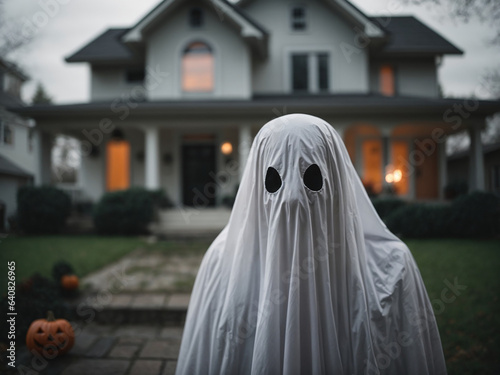 Realistic Ghost infront of house decorated with halloween pumpkin