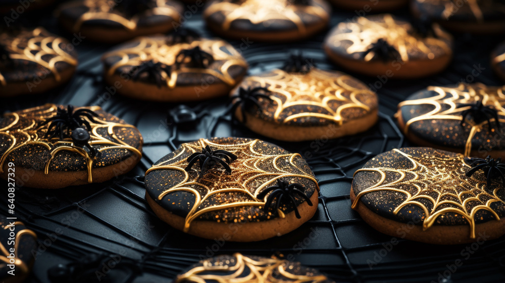 Halloween Spider Web Themed Sugar Cookies on Matte Black Background with Beautiful Gold Accents - Spooky Season Desserts