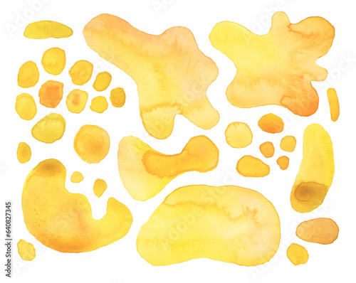 Ink watercolor hand drawn blots elements. Wet yellow color texture stain on white background. Set.