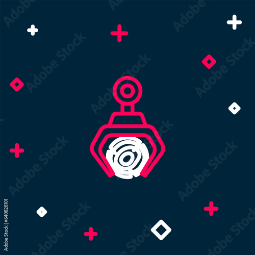 Line Grapple crane grabbed a log icon isolated on blue background. Forest industry. Industrial crane for lumber trunk wood production. Colorful outline concept. Vector
