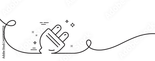 Electric plug line icon. Continuous one line with curl. Energy sign. Electricity power symbol. Electric plug single outline ribbon. Loop curve pattern. Vector