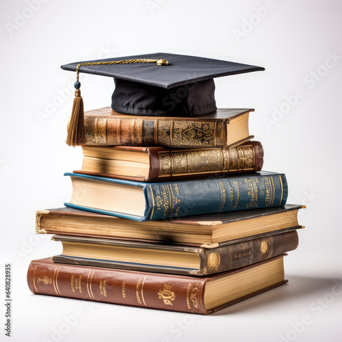 academic cap on old books on a white background. 
