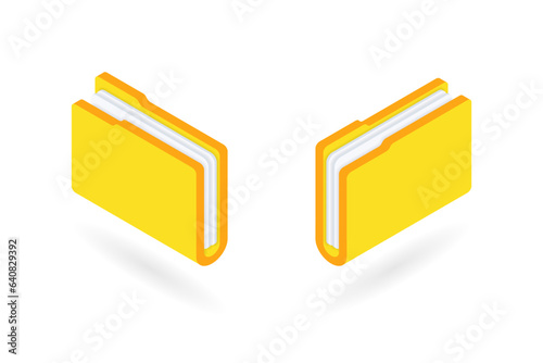 Set of isometric file folder with documents. 3d yellow folder icons for paper management, business project, database, paperwork, archive concept. Vector illustration isolated on white background