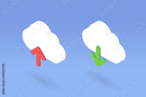 Isometric cloud download and upload icons set. Internet data, media loading, transfer, share, cloud computing, virtual server storage concept. 3d vector load buttons isolated on blue background