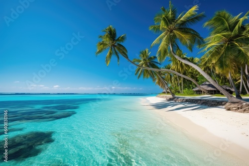 Summer landscape  palm trees and blue calm sea. Generative AI