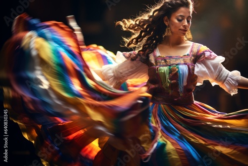 Beautiful young woman in a colorful dress dancing flamenco