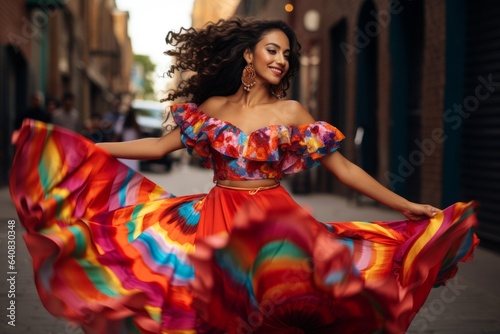 Beautiful young woman in a colorful dress dancing flamenco