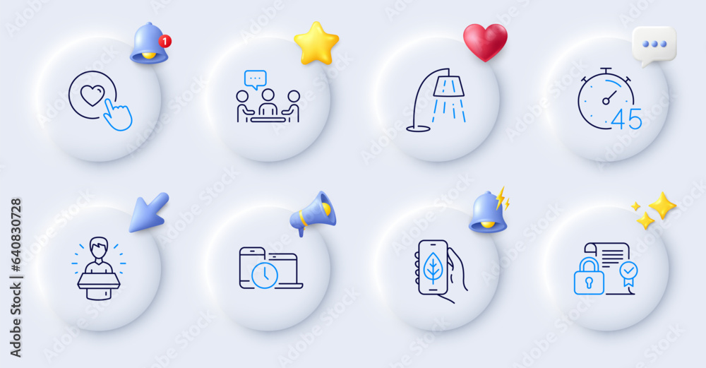 Security contract, Like button and Ecology app line icons. Buttons with 3d bell, chat speech, cursor. Pack of Timer, Stand lamp, Brand ambassador icon. Vector Security contract, Like button and Ecology app line icons. Buttons with 3d bell, chat speech, cursor. Pack of Timer, Stand lamp, Brand ambassador icon. Vector