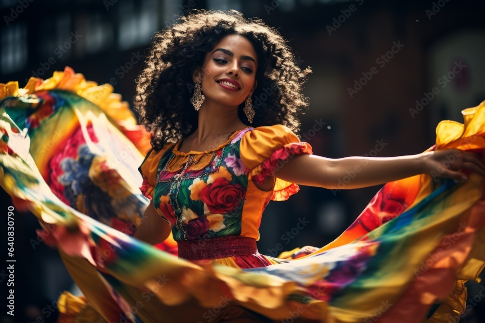 Beautiful young woman in a colorful dress dancing flamenco - obrazy, fototapety, plakaty 