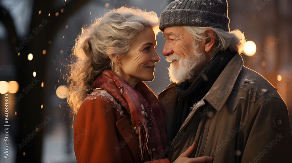 Old man and old woman are kissing in the winter park
