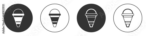 Black Fire cone bucket icon isolated on white background. Metal cone bucket empty or with water for fire fighting. Circle button. Vector