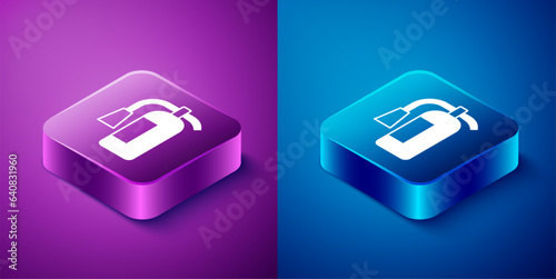 Isometric Fire extinguisher icon isolated on blue and purple background. Square button. Vector