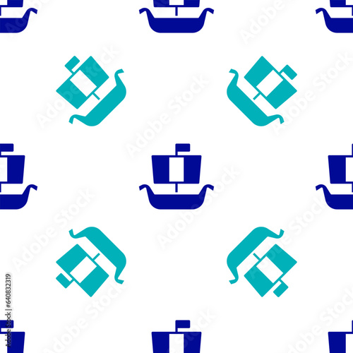 Blue Ancient viking scandinavian drakkar icon isolated seamless pattern on white background. Viking transport ship. Vector