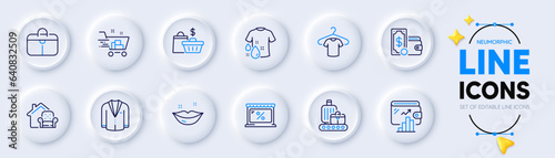 Sale bags, Suit and Wallet line icons for web app. Pack of Lips, Shopping cart, Handbag pictogram icons. Baggage belt, Market, Furniture moving signs. Wallet money, T-shirt, Wash t-shirt. Vector