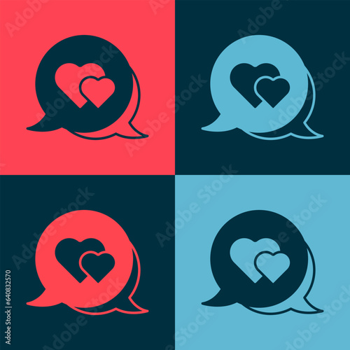 Pop art Heart in speech bubble icon isolated on color background. Happy Valentines day. Vector