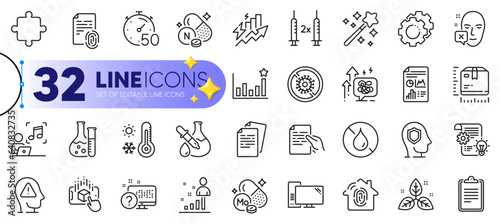 Outline set of Consumption growth, Psychology and Hold document line icons for web with No waterproof, Stats, Face declined thin icon. Fair trade, Mental health, Music pictogram icon. Vector