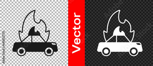 Black Burning car icon isolated on transparent background. Insurance concept. Car on fire. Broken auto covered with fire and smoke. Vector