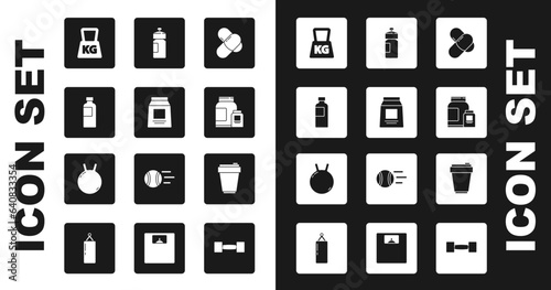 Set Sports nutrition, Fitness shaker, Weight, and Kettlebell icon. Vector