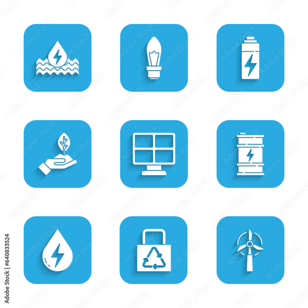 Set Solar energy panel, Paper bag with recycle, Wind turbine, Bio fuel barrel, Water, Plant hand, Battery and icon. Vector Set Solar energy panel, Paper bag with recycle, Wind turbine, Bio fuel barrel, Water, Plant hand, Battery and icon. Vector