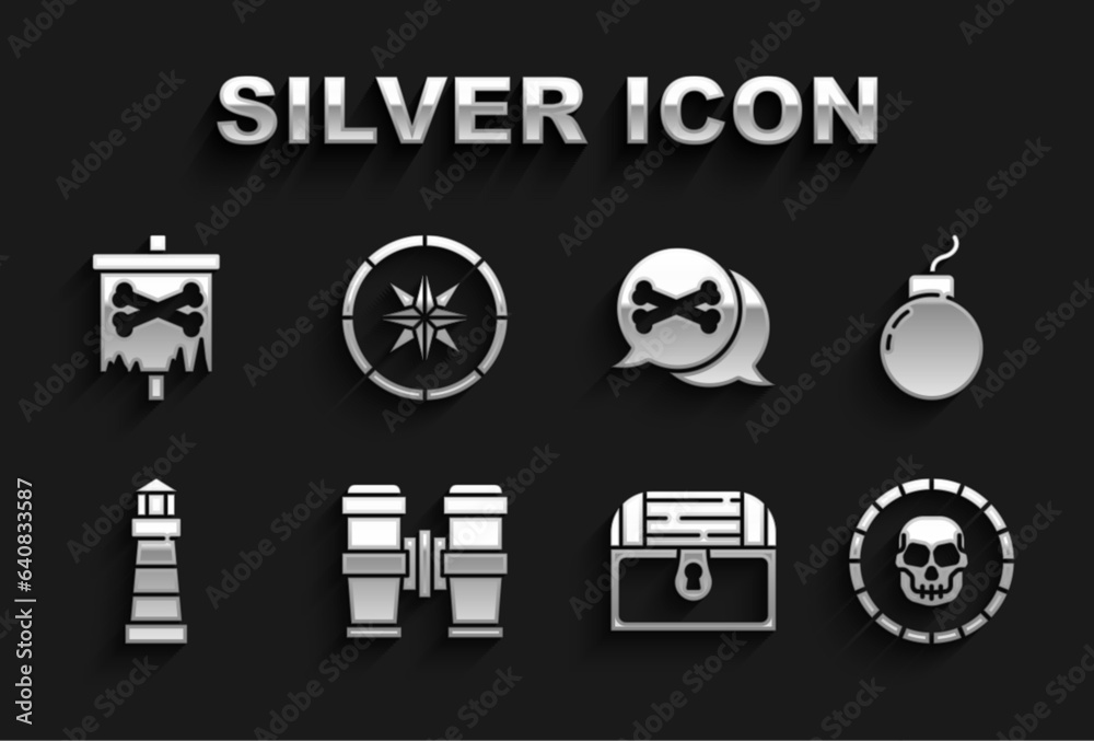 Set Binoculars, Bomb ready to explode, Pirate coin, Antique treasure chest, Lighthouse, Location pirate, flag and Compass icon. Vector Set Binoculars, Bomb ready to explode, Pirate coin, Antique treasure chest, Lighthouse, Location pirate, flag and Compass icon. Vector