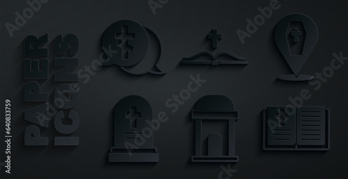 Set Old crypt, Coffin with cross, Grave tombstone, Holy bible book, and icon. Vector