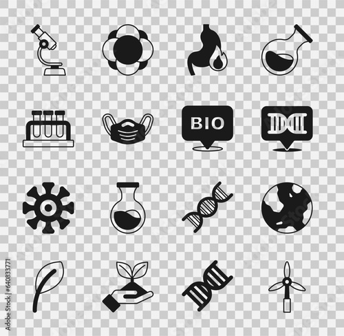 Set Wind turbine, Earth globe, DNA symbol, Stomach heartburn, Medical protective mask, Test tube and flask, Microscope and Bio healthy food icon. Vector