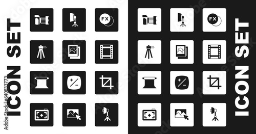 Set Photo camera fx, frame, Tripod, Camera roll cartridge, Softbox light, Picture crop photo and Empty studio icon. Vector