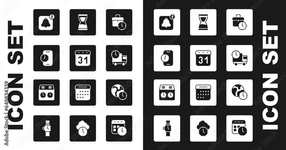 Set Work time, Calendar, Alarm clock app mobile, Delivery truck and, Old hourglass, World and Time chess icon. Vector Set Work time, Calendar, Alarm clock app mobile, Delivery truck and, Old hourglass, World and Time chess icon. Vector