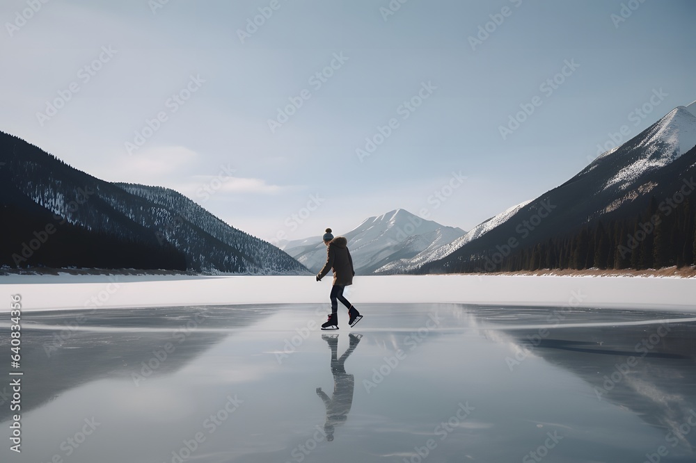 A figure skater, a man skates on the ice of a frozen lake with a view of the snow-capped mountains. - obrazy, fototapety, plakaty 