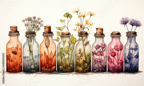 Watercolor, glass bottles with flowers, on a white background.