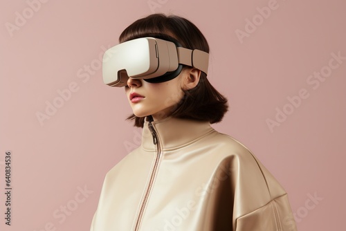 a young woman wearing new revolutionary gaming technology - virtual or augmented reality glasses  studio portrait on beige colored background  copy space for text