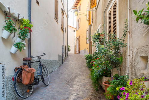 Narrow historical street in a city in Italy. A bicycle leans against the wall, green plants brighten the alley. The cool alley is a pleasant retreat on hot days.