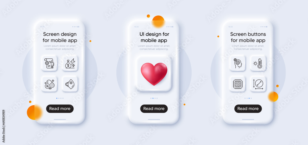 Medical mask, Cpu processor and Settings blueprint line icons pack. 3d phone mockups with heart. Glass smartphone screen. Thoughts, Bromine mineral, Weather thermometer web icon. Vector