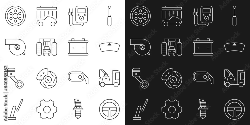 Set line Steering wheel, Tow truck, Windshield, Multimeter, Car wash, Automotive turbocharger, Alloy and battery icon. Vector