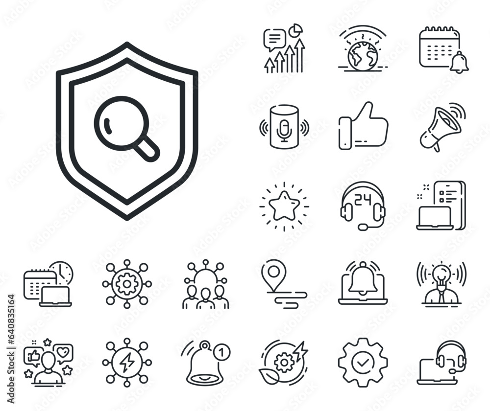 Quality research sign. Place location, technology and smart speaker outline icons. Inspect line icon. Verification shield symbol. Inspect line sign. Influencer, brand ambassador icon. Vector