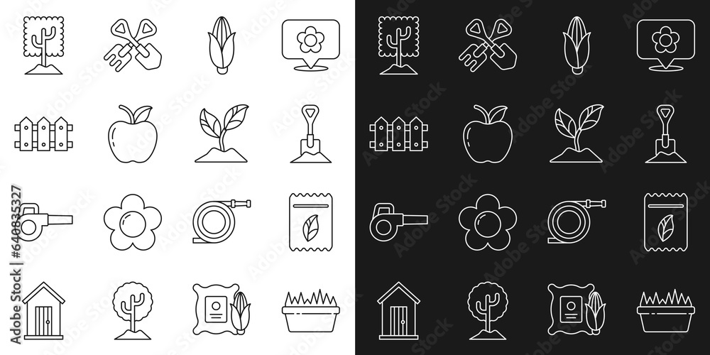 Set line Fresh grass in a rectangular, Pack full of seeds of plant, Shovel the ground, Corn, Apple, Garden fence wooden, Tree and Plant icon. Vector