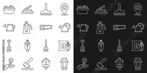 Set line Garden light lamp, Corn in the sack, Watering can, rake, sprayer for fertilizer, Fresh grass rectangular and Hand saw icon. Vector