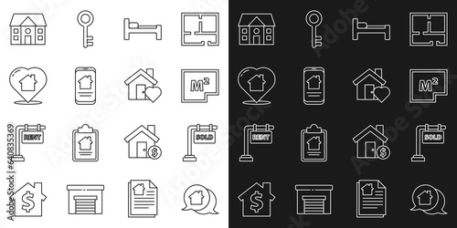 Set line Real estate message house, Hanging sign with Sold, House plan, Bed, Online real, heart shape, and icon. Vector